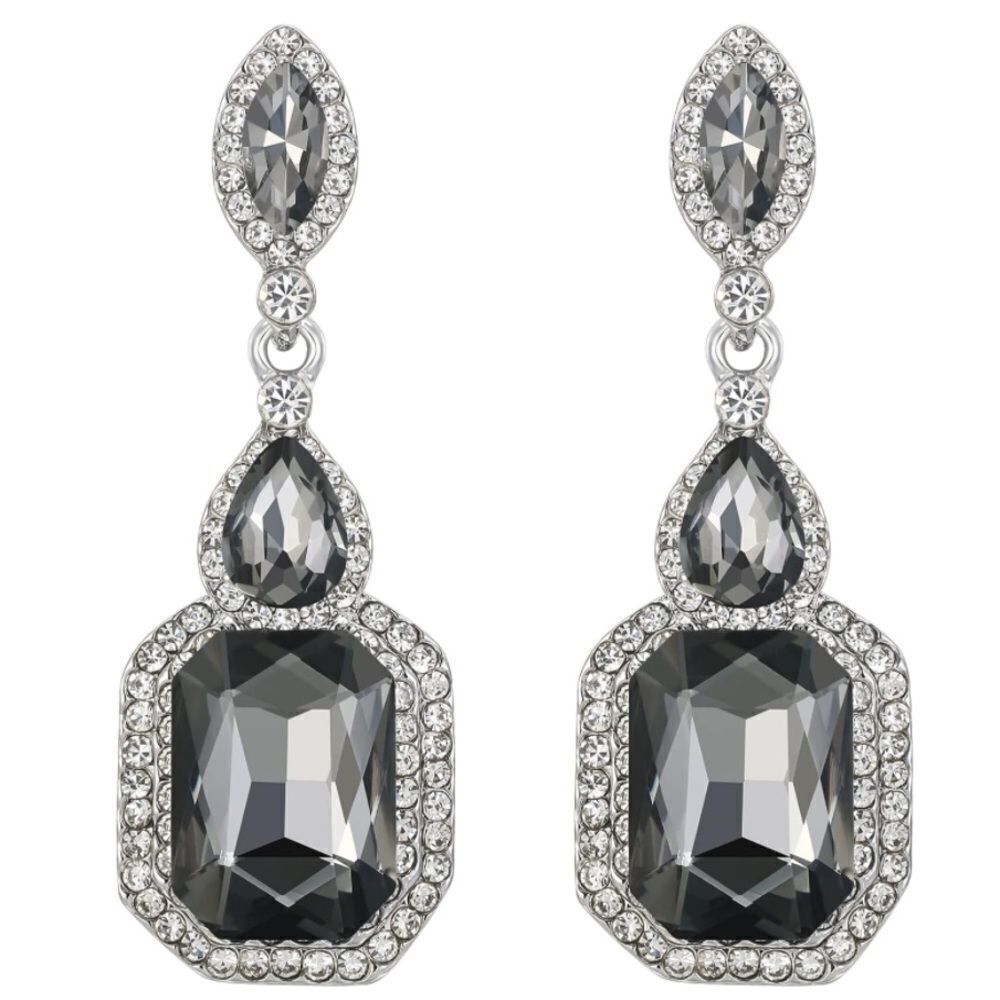 Silver with Charcoal Gray Austrian Crystal Infinity Chandelier Post Earrings
